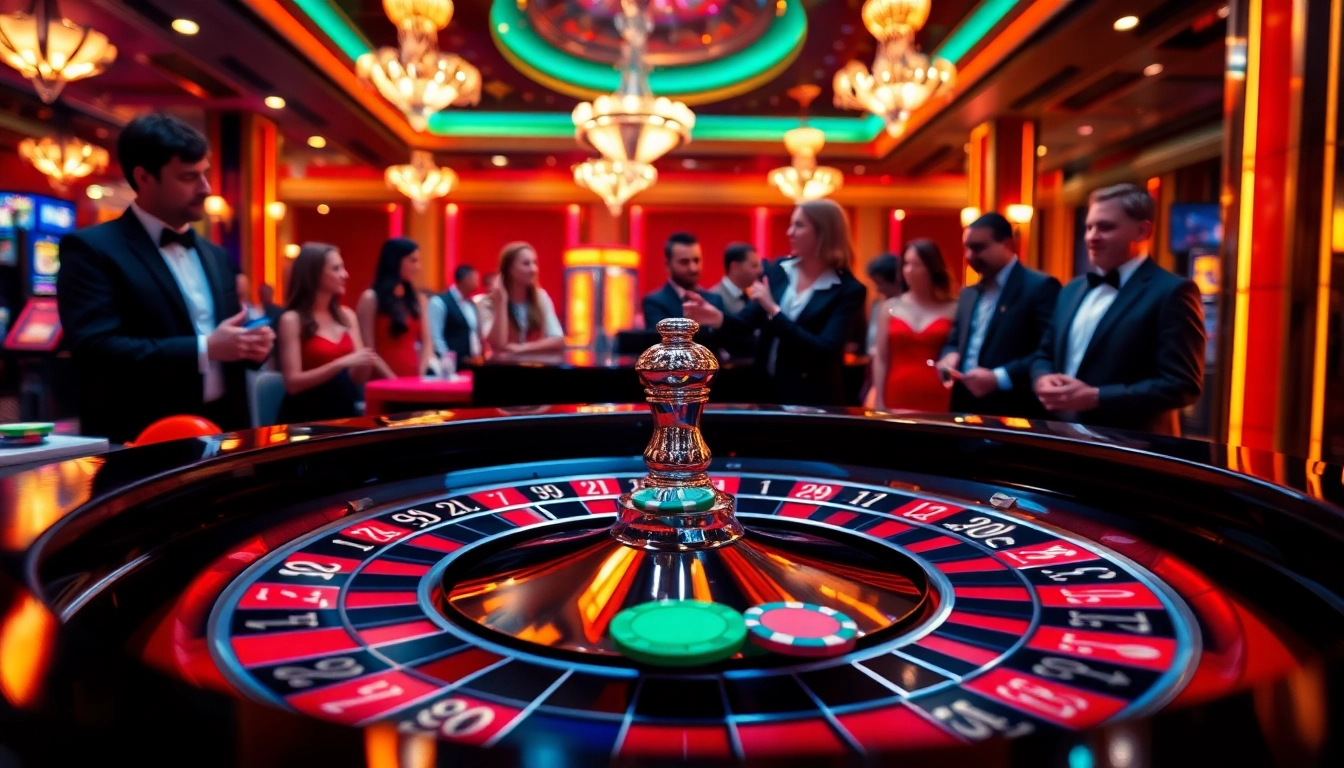 Players enjoying a vibrant casino setting at an 8win roulette table, full of colorful chips.