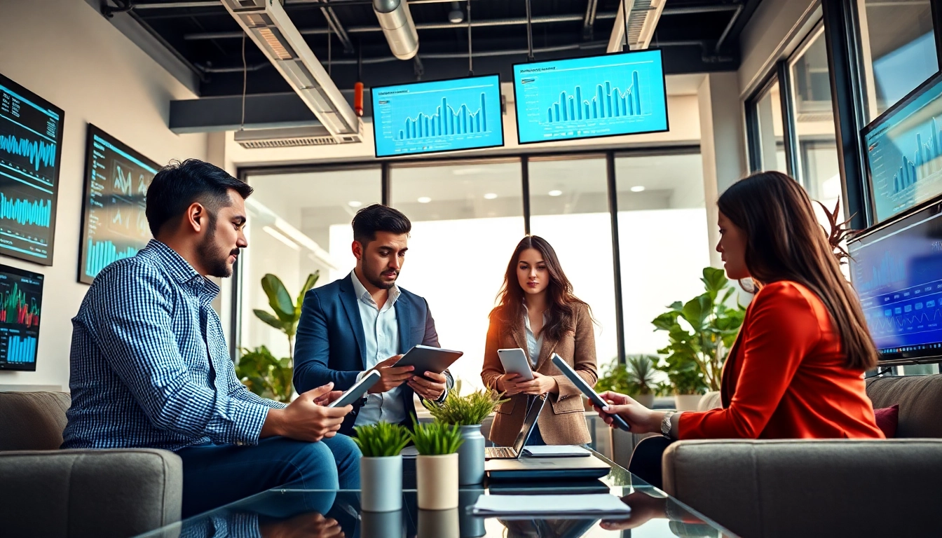 A digital marketing company team collaborating in a bright office with digital analytics.