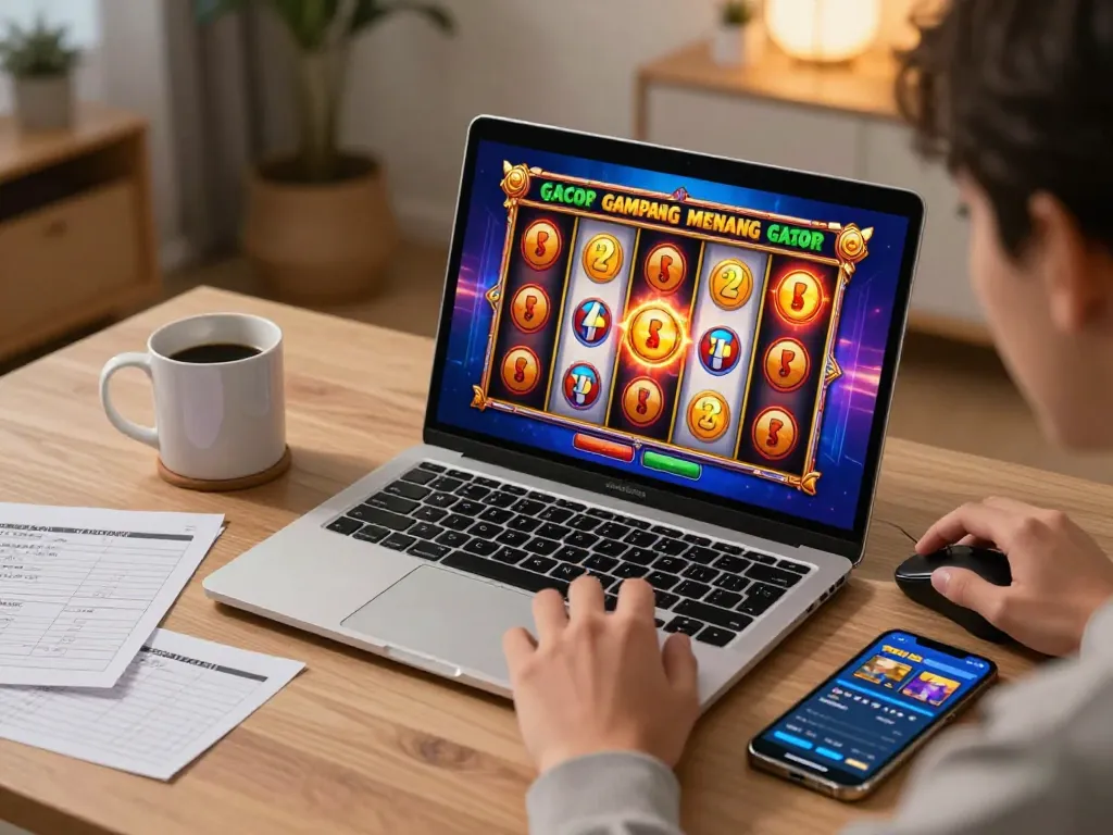 Engaging in slot gacor gampang menang online gaming session in a stylish home office setting with laptop and gaming strategies.