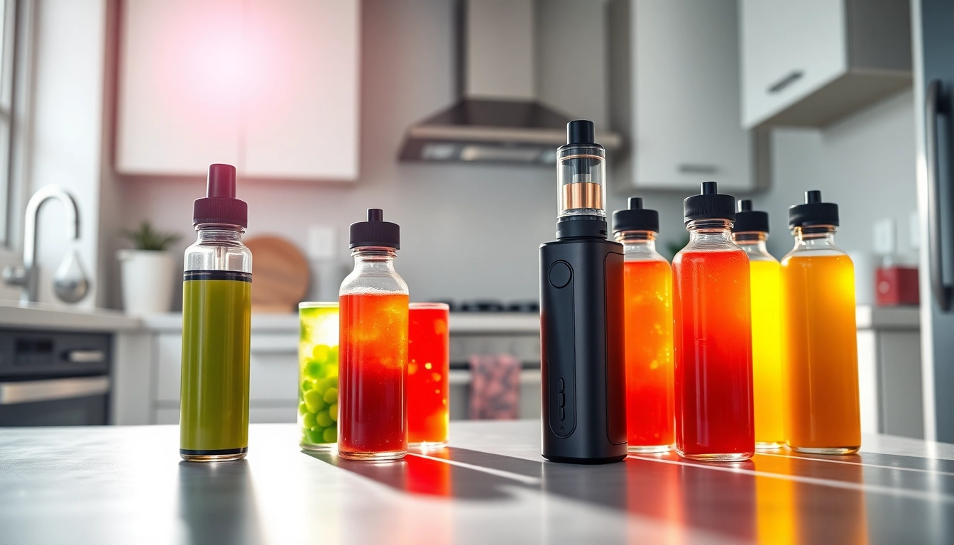 Enhance your vaping experience with vibrant vape juice bottles and an elegant setup.