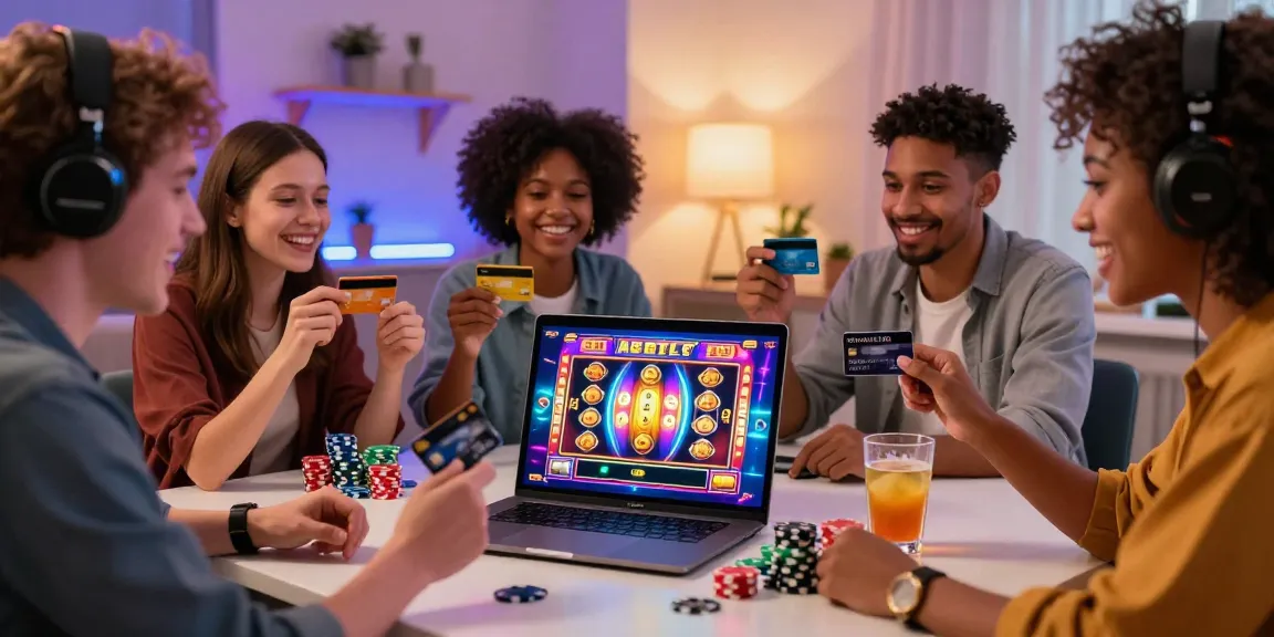 Crowd enjoying a credit card casino game on a laptop with colorful gaming visuals and credit cards in hand.