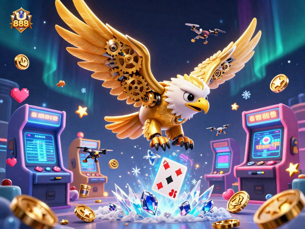 Experience thrilling entertainment at U 888 with a captivating 3D scene featuring cybernetic eagles and gaming elements.