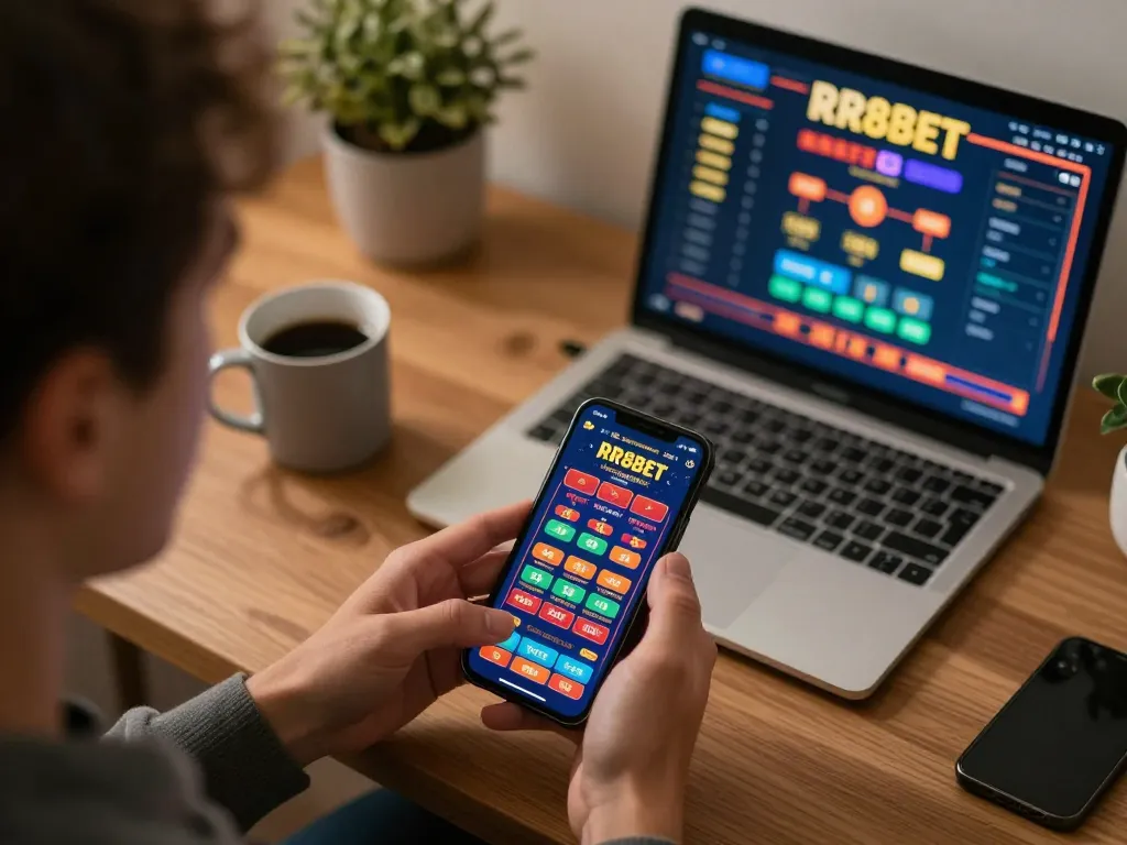 Engaging with the RR88Bet mobile app while enjoying a cozy home gaming setup, showcasing a dynamic online gambling experience.