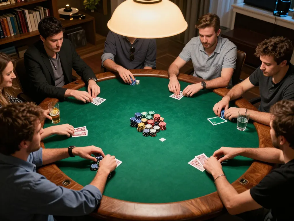 Engaging poker game scene highlighting the tor hidden wiki experiences in a cozy home setting