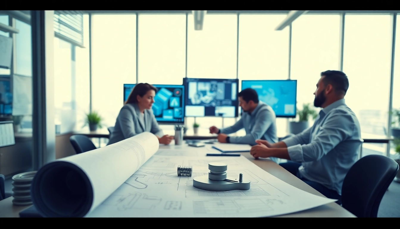 Engineers collaborating in a professional design and engineering workspace, surrounded by blueprints.