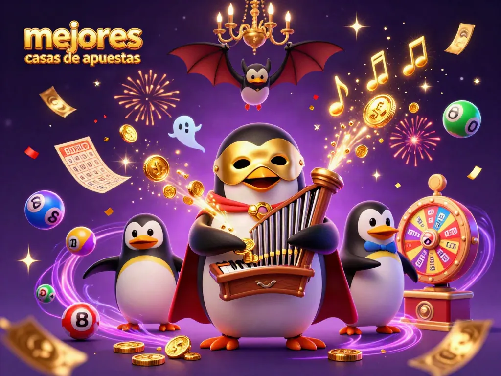 Descubre las mejores casas de apuestas mientras un pingüino toca un órgano que lanza monedas doradas.