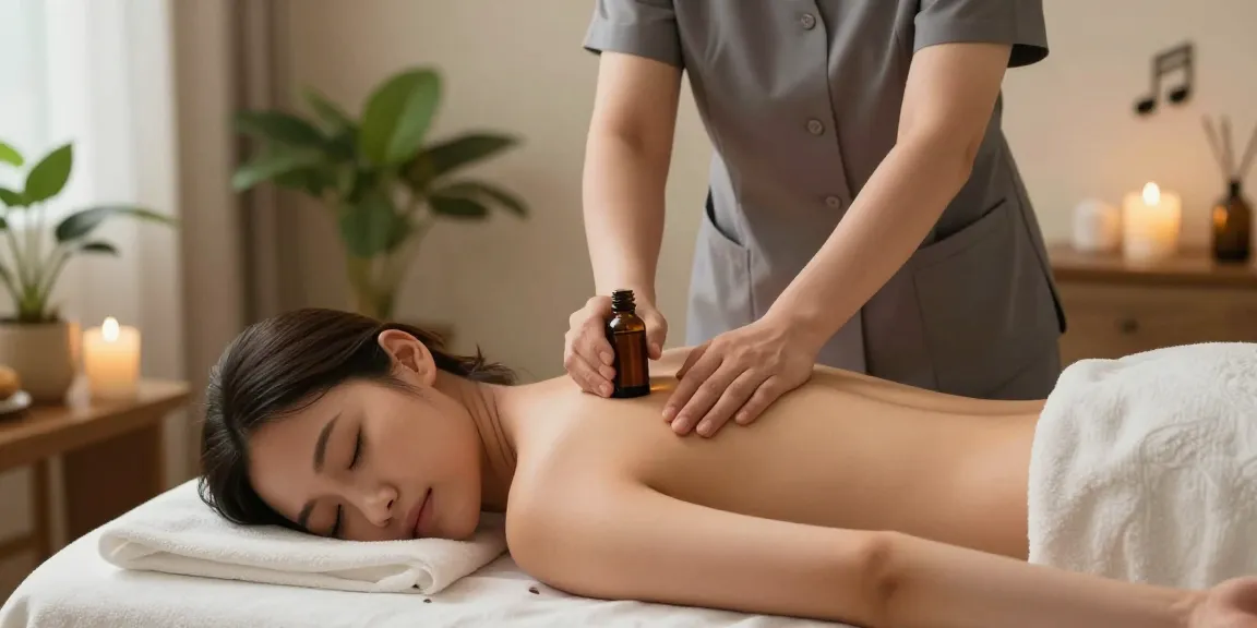 중구출장마사지 받는 모습, 마사지사와 고객이 편안한 환경에서 아로마와 함께 작업하는 장면
