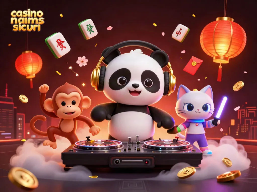 Scopri i casinò non AAMS sicuri con un DJ panda e un'ambientazione festosa in questa illustrazione 3D.
