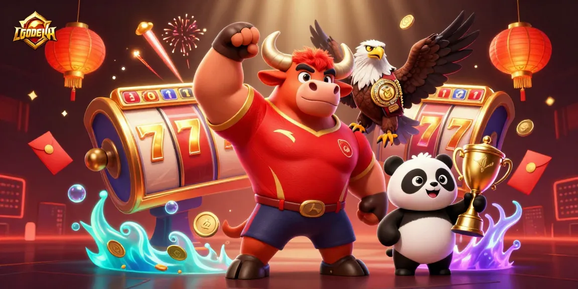 Spin and win with LGODEWA's vibrant casino scene featuring characters celebrating jackpots and gleaming slot reels.