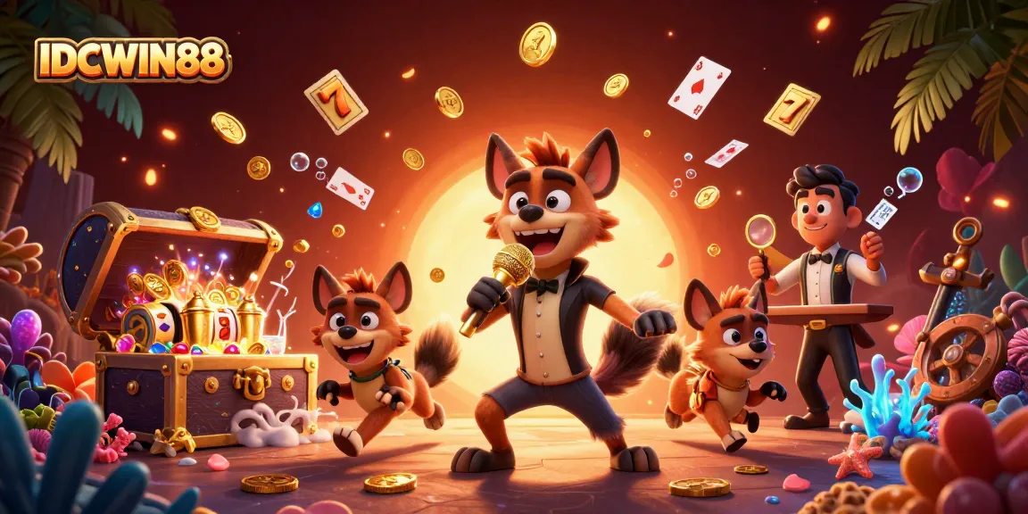 Experience the thrill at IDCWIN88 with hyenas in a vibrant casino scene featuring comedy and gaming excitement.