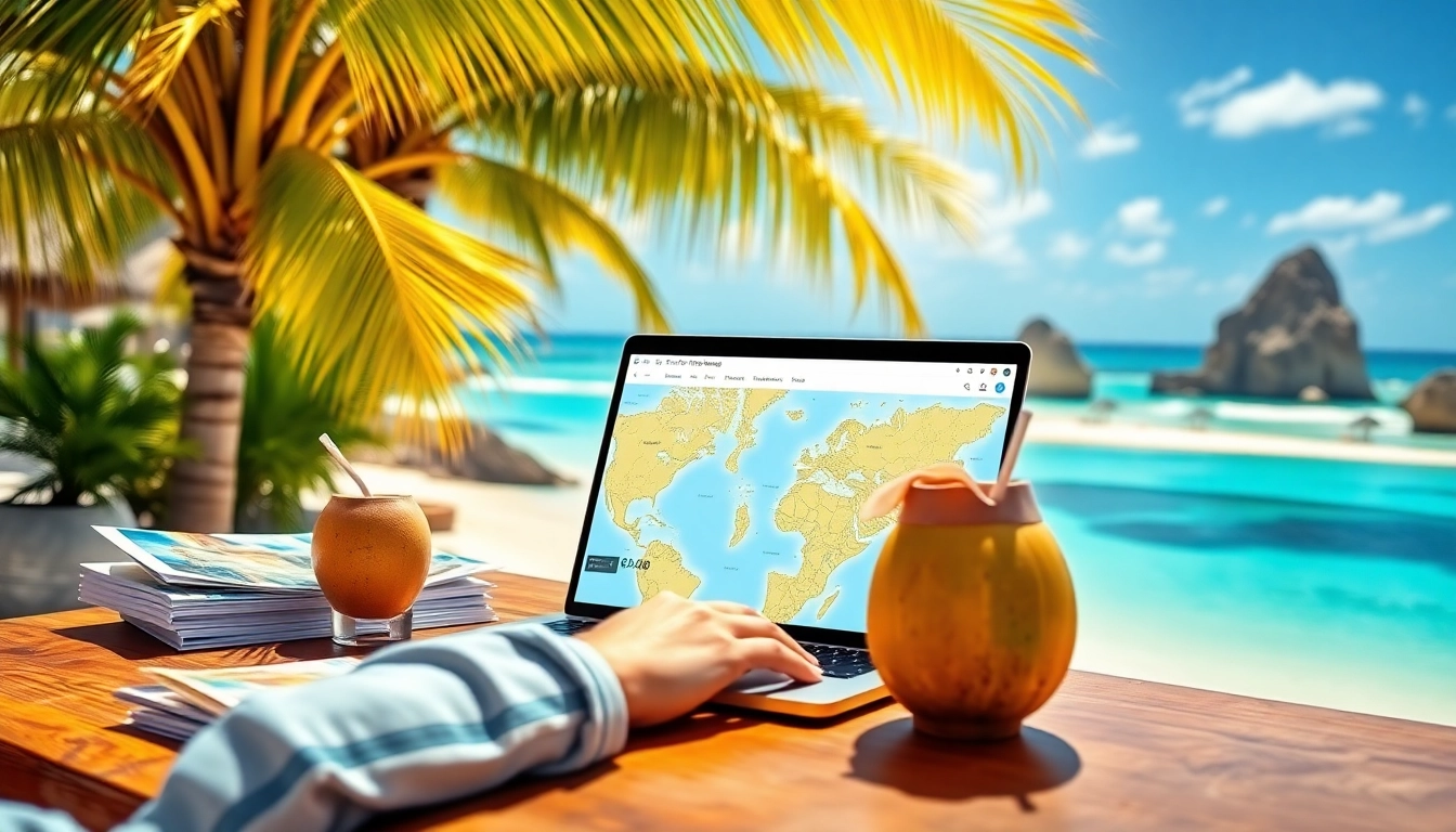 Cabo trip planner arranging a sunny beach getaway with vibrant travel materials.