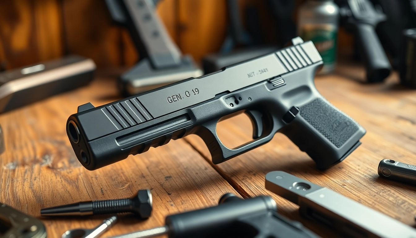 The glock 19 gen 3 oem slide gleams with precision, highlighting its craftsmanship in a warm setting.