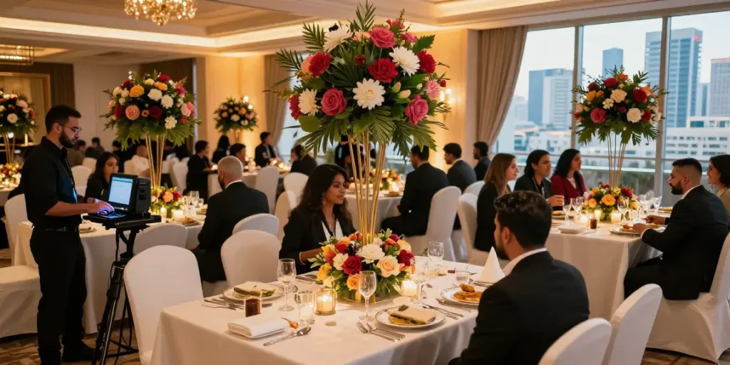 Elegant gala setup showcasing event rental ksa with themed décor and city skyline.