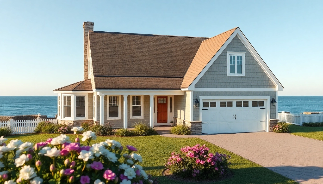 Cape Cod home with spacious attached garage and landscaped gardens at a seaside setting.