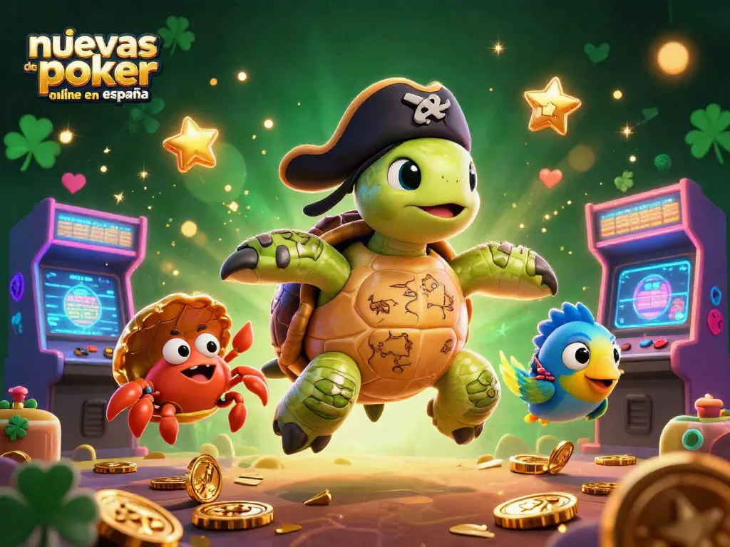 Ilustra las nuevas salas de póker online en España con tortuga pirata y tesoros en un ambiente dinámico de casino.