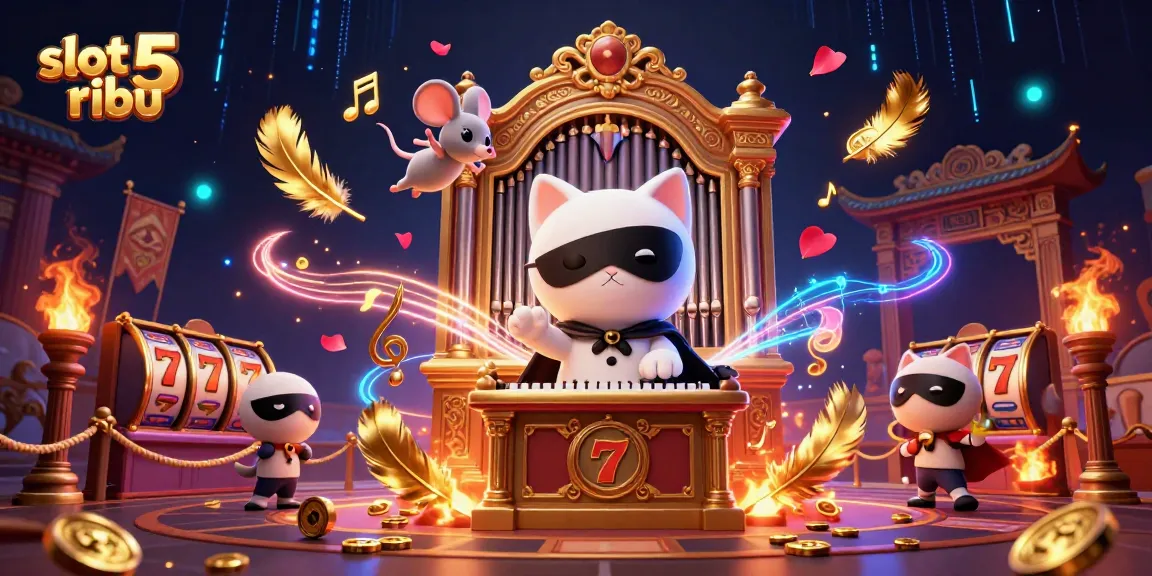 Engage with slot 5 ribu in a vivid casino scene featuring a whimsical cat, acrobat, and festive elements.