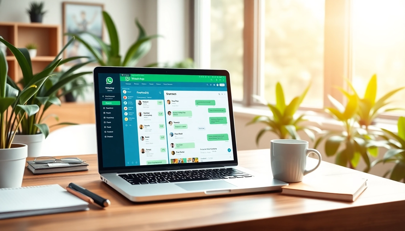 Engage with WhatsApp Smart CRM through a vivid digital workspace highlighting a laptop interface.