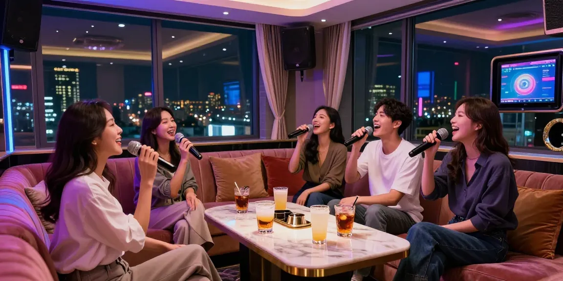 Experience the vibrant atmosphere of 강남 가라오케 with friends singing and enjoying drinks in a luxurious setting.