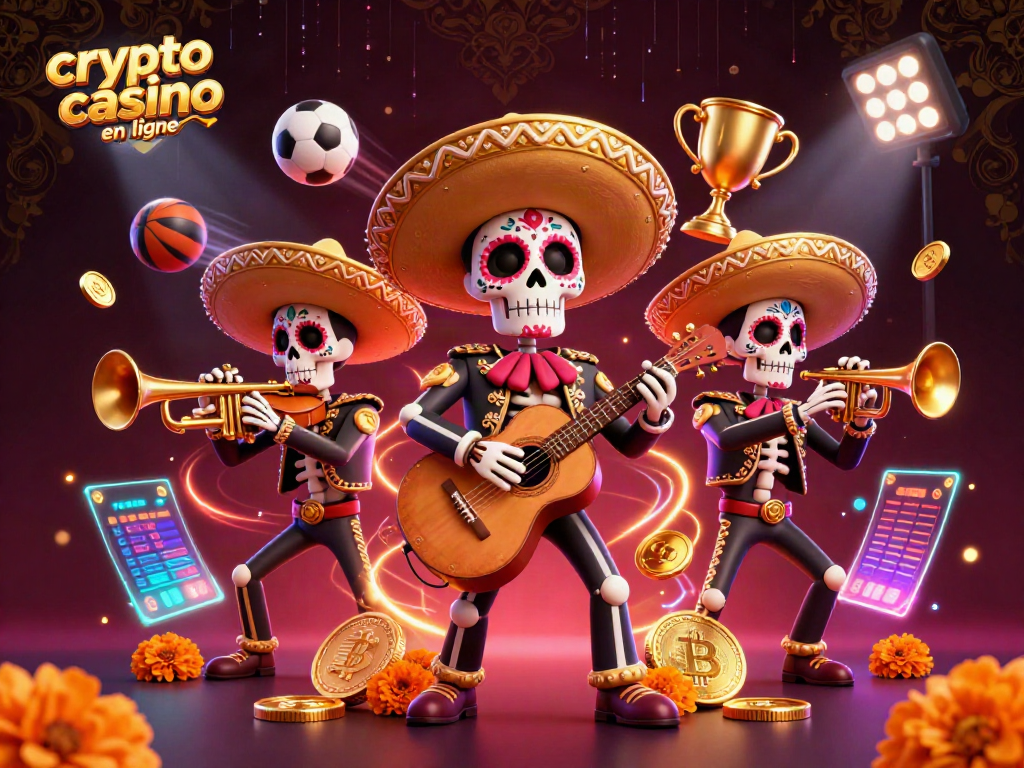Jouer au crypto casino en ligne avec une illustration festive et colorée mettant en scène des personnages thématiques.