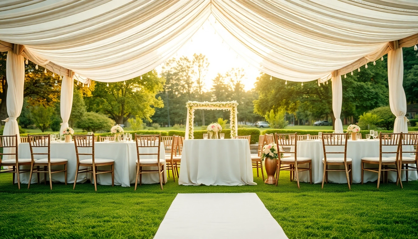 Setting up Wedding Tent Chair & Table Rentals with elegant decor in a beautiful outdoor garden.