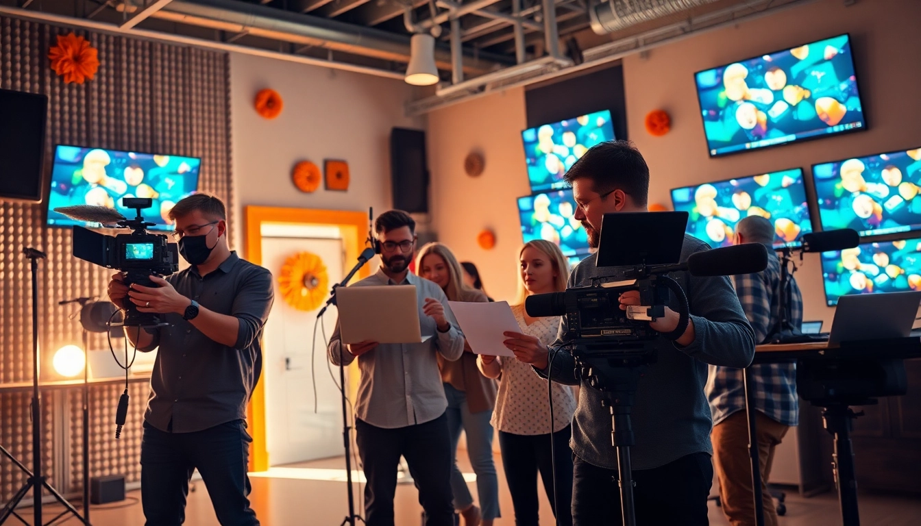 Creative Video Production Agency team collaborating in a modern studio, showcasing vibrant creativity.