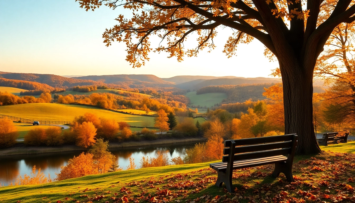 Scenic view of Clarksburg's vibrant autumn landscape with a serene lake and rolling hills.