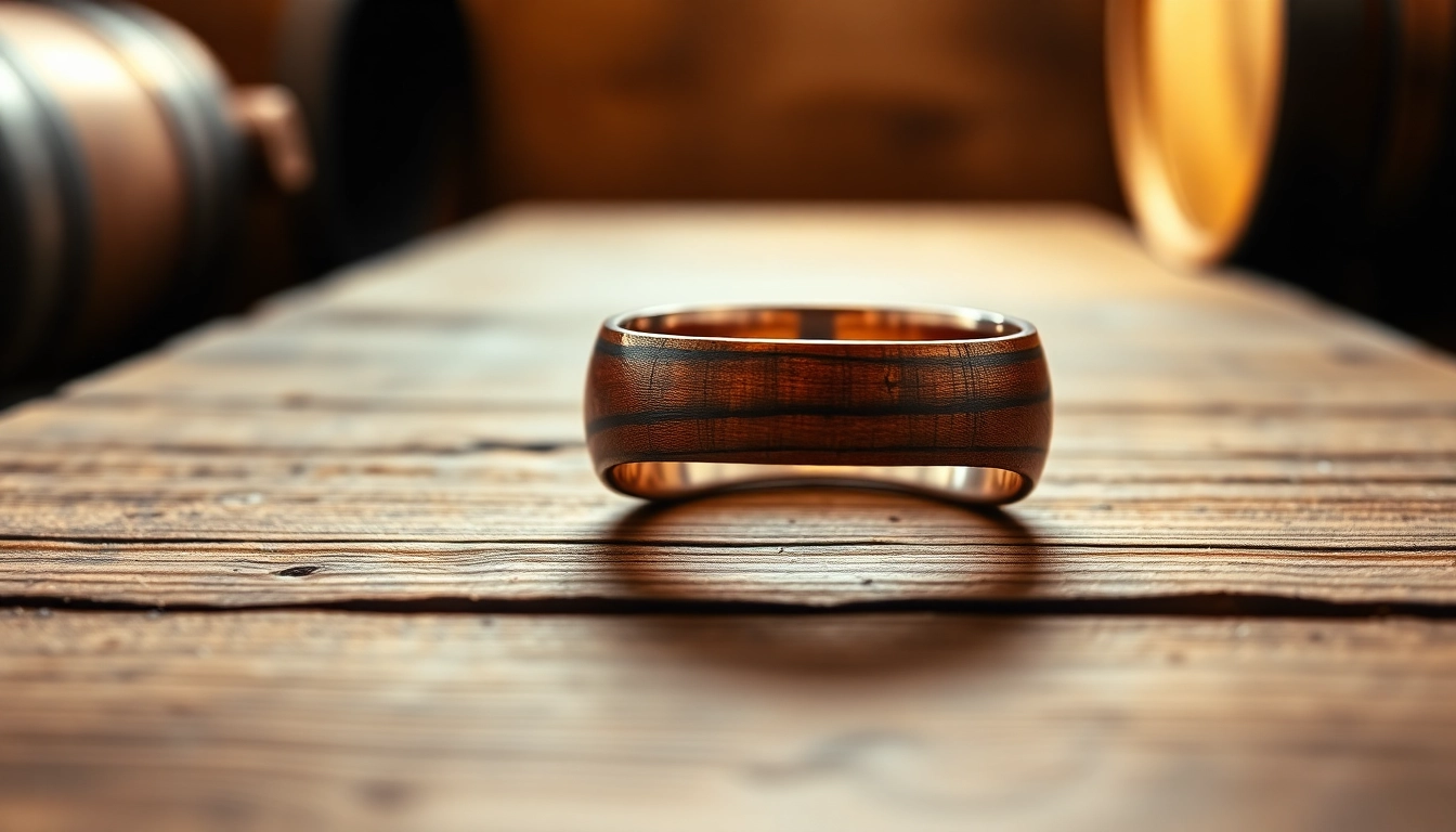 Showcase a Whiskey Barrel Wedding Band highlighting its unique wood grain and rustic charm on a wooden backdrop.