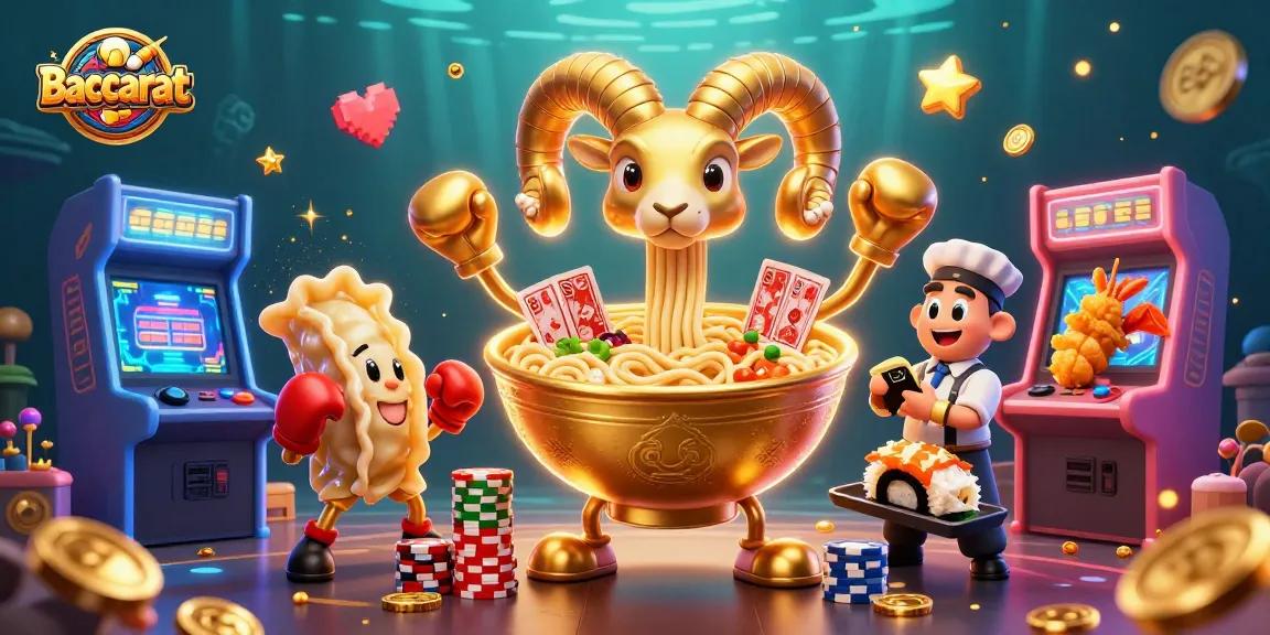 Baccarat game illustration featuring a giant ramen bowl character dealing cards with vibrant casino elements.