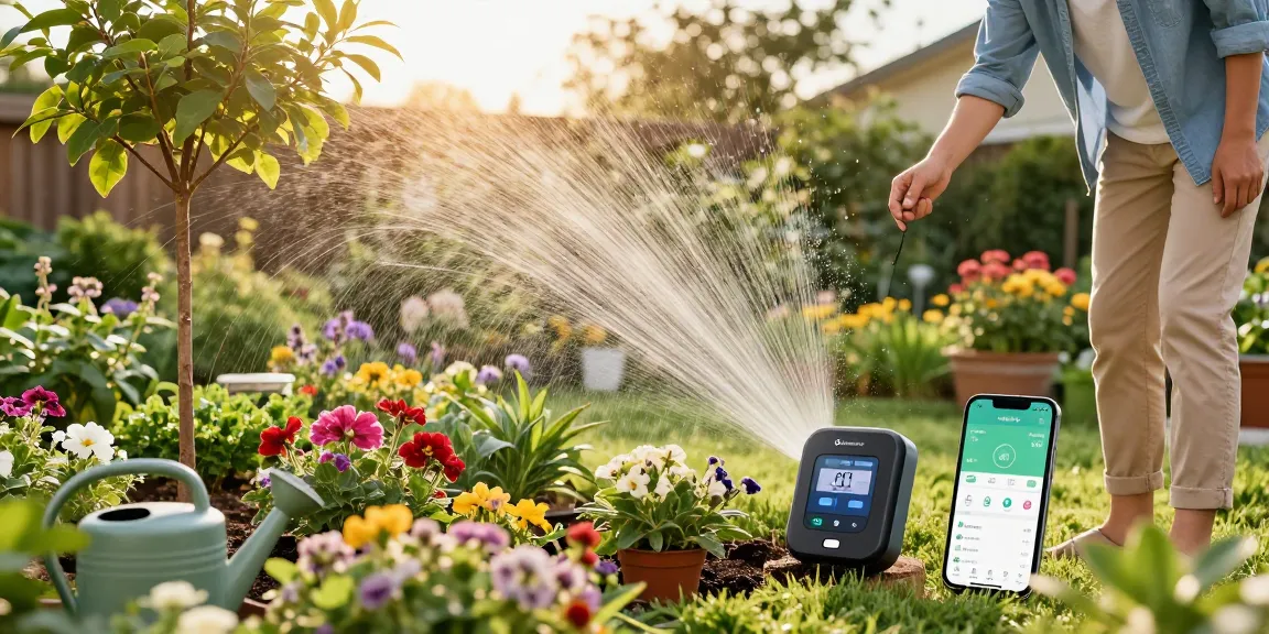 Gardener using rainpoint wifi water timer in a flourishing garden to optimize plant care and irrigation