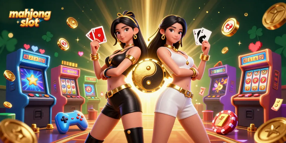 Engage thrilling gameplay with the mahjong slot as twin Asian women showcase vibrant casino elements.