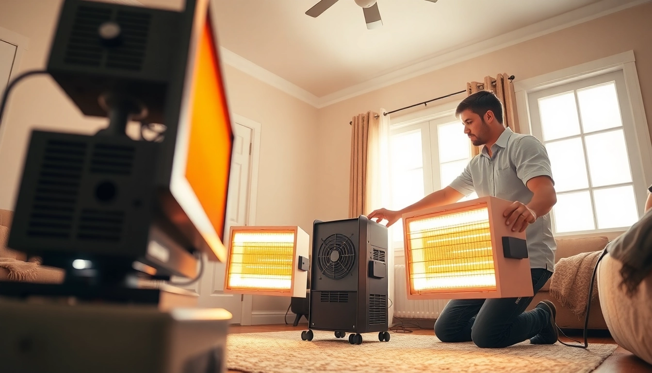Technician demonstrating bed bug heat treatment with advanced equipment in a home environment.