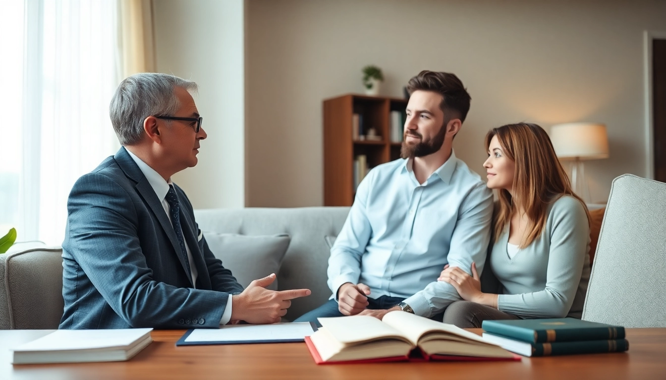 Engaged couple discussing Family Law Financial Agreements with a lawyer in a comfortable office.