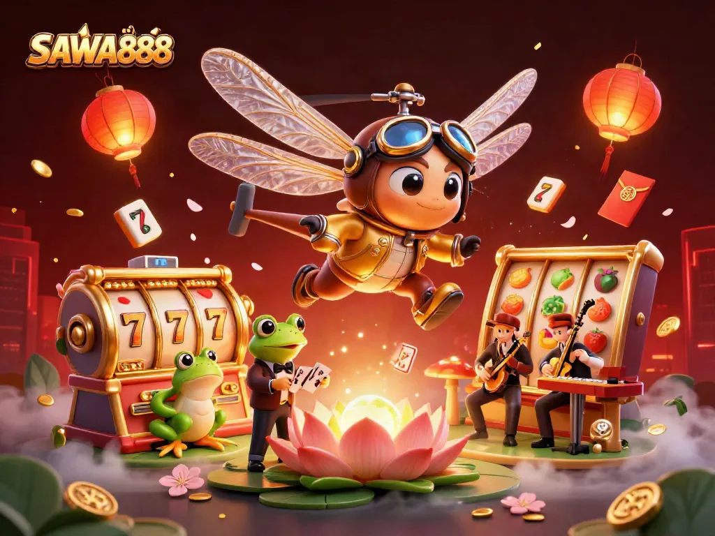 Engage thrillingly at SAWA888's vibrant lily pad casino, where dynamic slot reels and fun characters come to life.