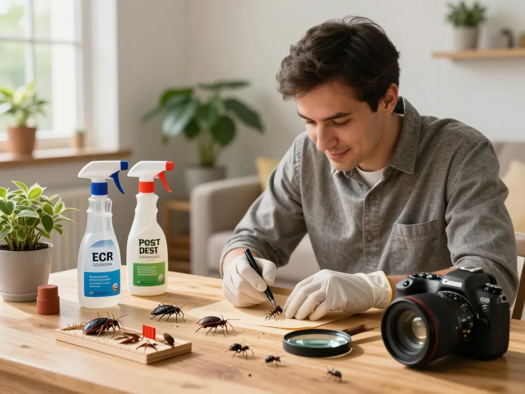 Pest control guide featuring an expert examining household pests with tools in a cozy home setting.