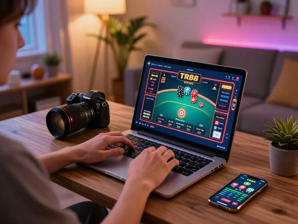 Engaging TR88 online gaming setup with laptop and smartphone for strategic betting