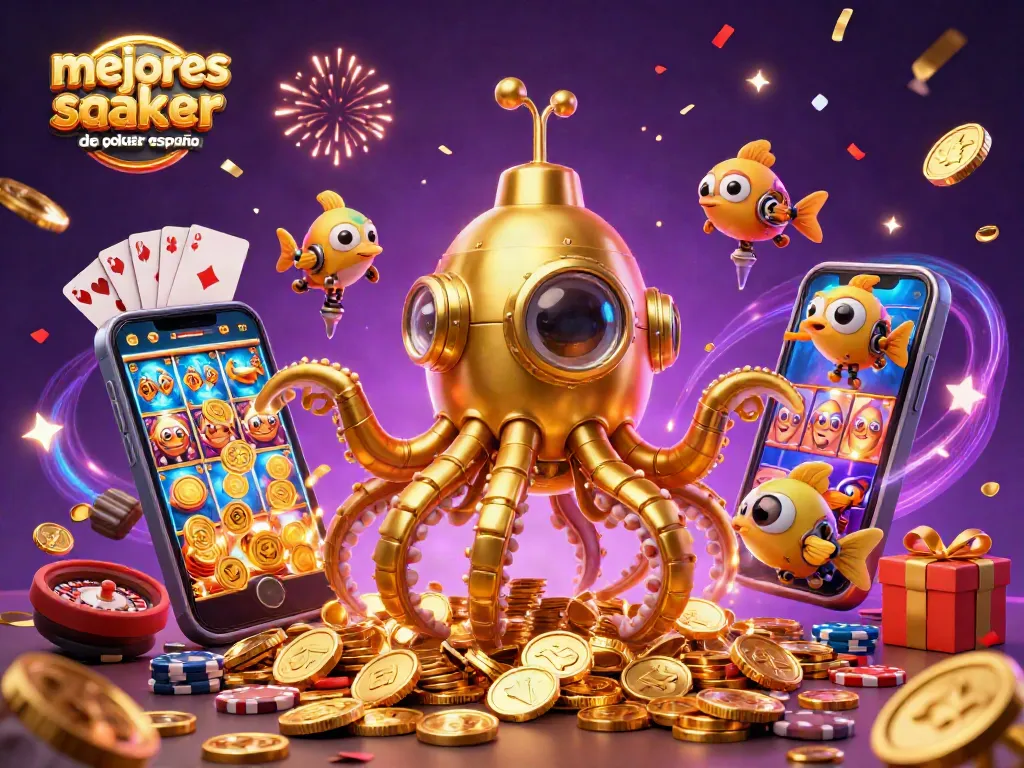 Ilustración de las mejores salas de poker online en España con un submarino kraken y monedas doradas.