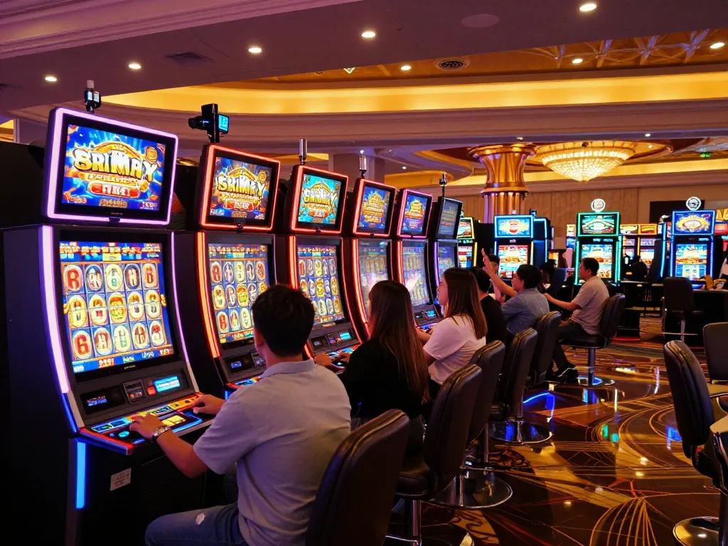 Players enjoying lively slot bonus 100 games at a vibrant Vegas casino, capturing the excitement and energy of the gambling experience