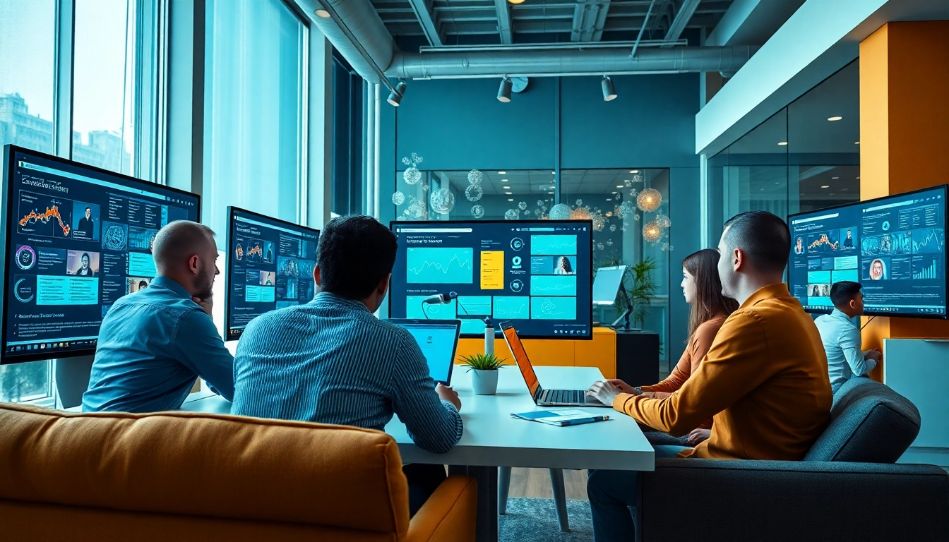 Showcasing enterprise assistant software facilitating team collaboration in a modern workspace.
