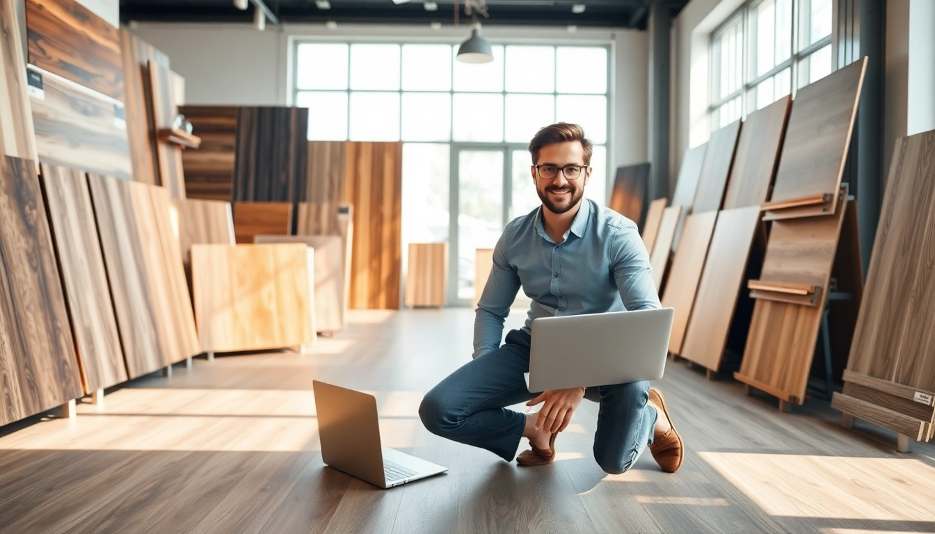 Designer arranging laminate flooring samples in a bright showroom.