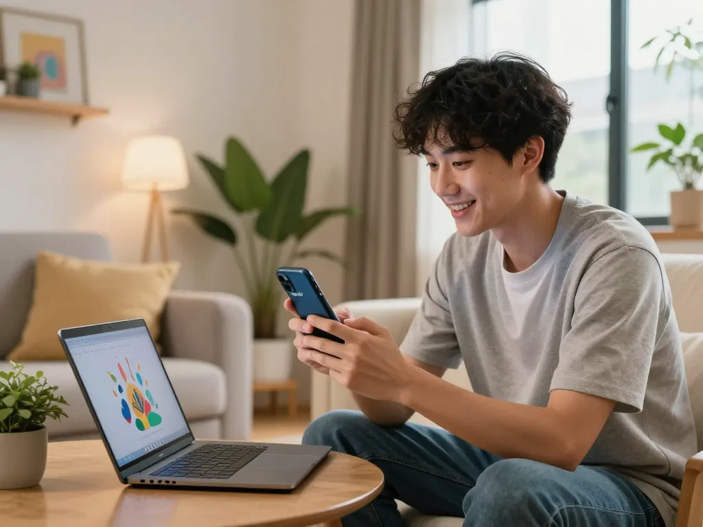 Engaging with spicychat AI chatbot in a modern living room, showcasing casual tech interaction.