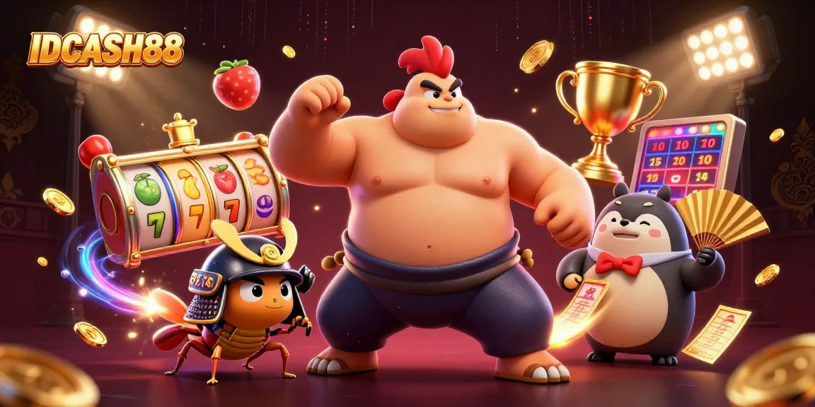 Experience thrilling slots with IDCASH88 in this vibrant casino scene featuring action-packed characters.