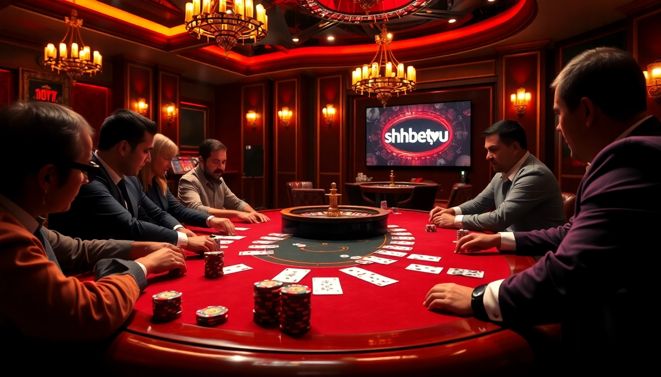 Engaging poker scene at shbet.you showcasing players and luxurious elements in casino setting.