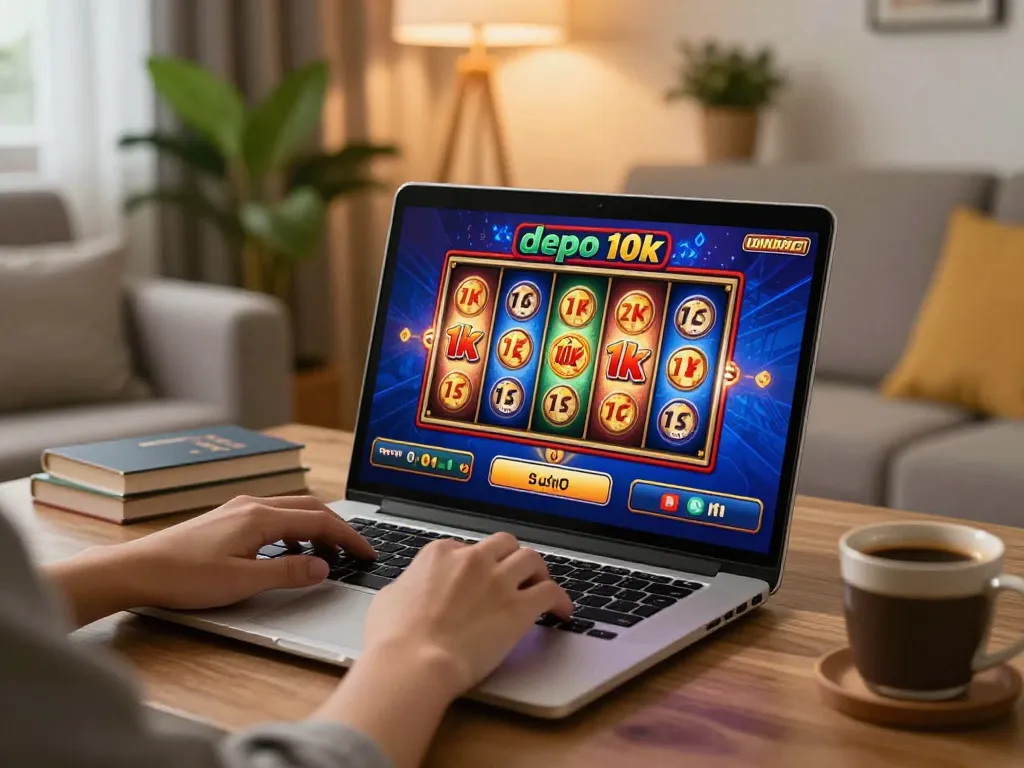 Playing slot depo 10k on a laptop at home with engaging graphics, cozy atmosphere.