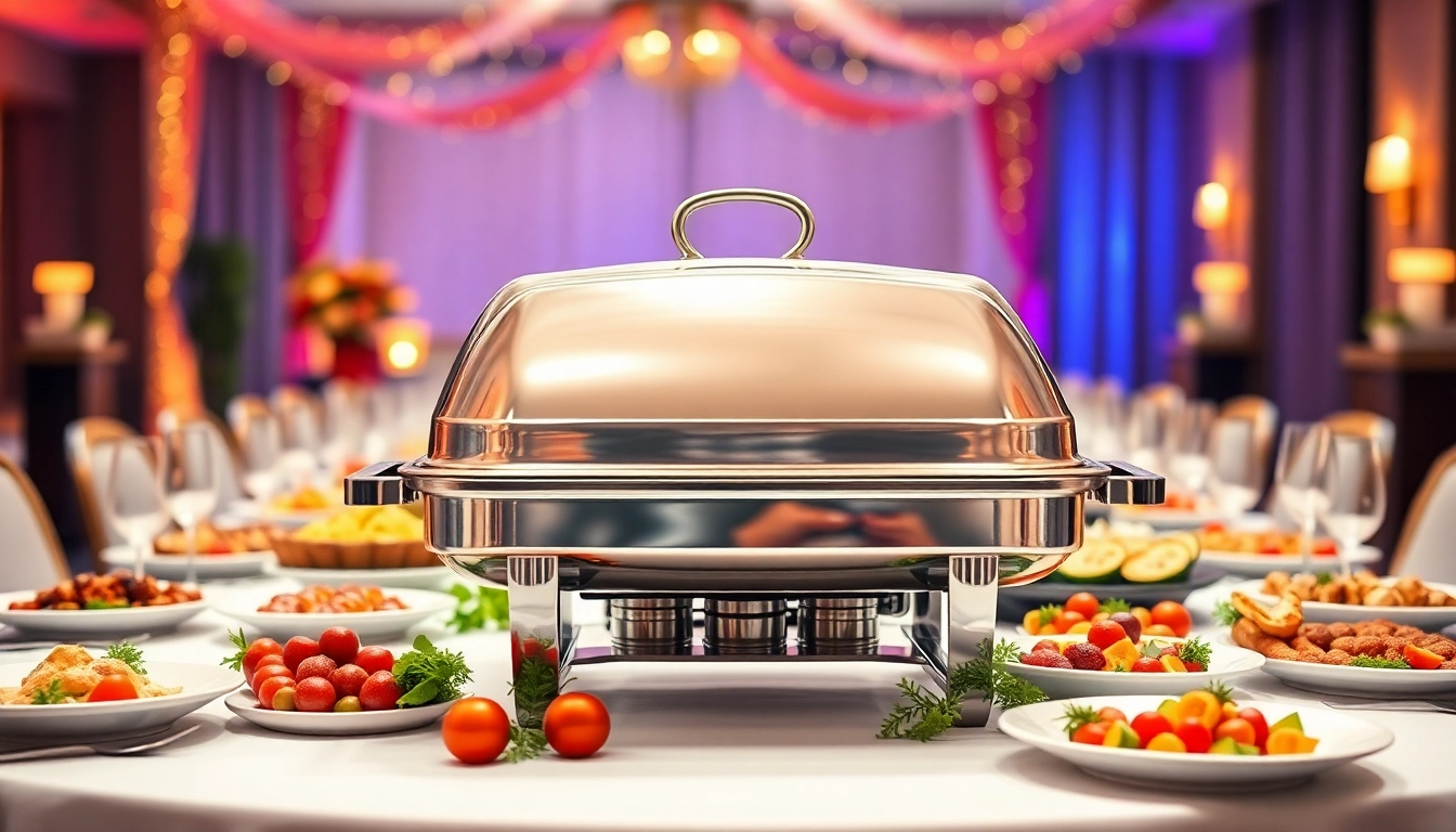 Beautiful chafing dish showcased on a banquet table, surrounded by delicious appetizers and garnishes.