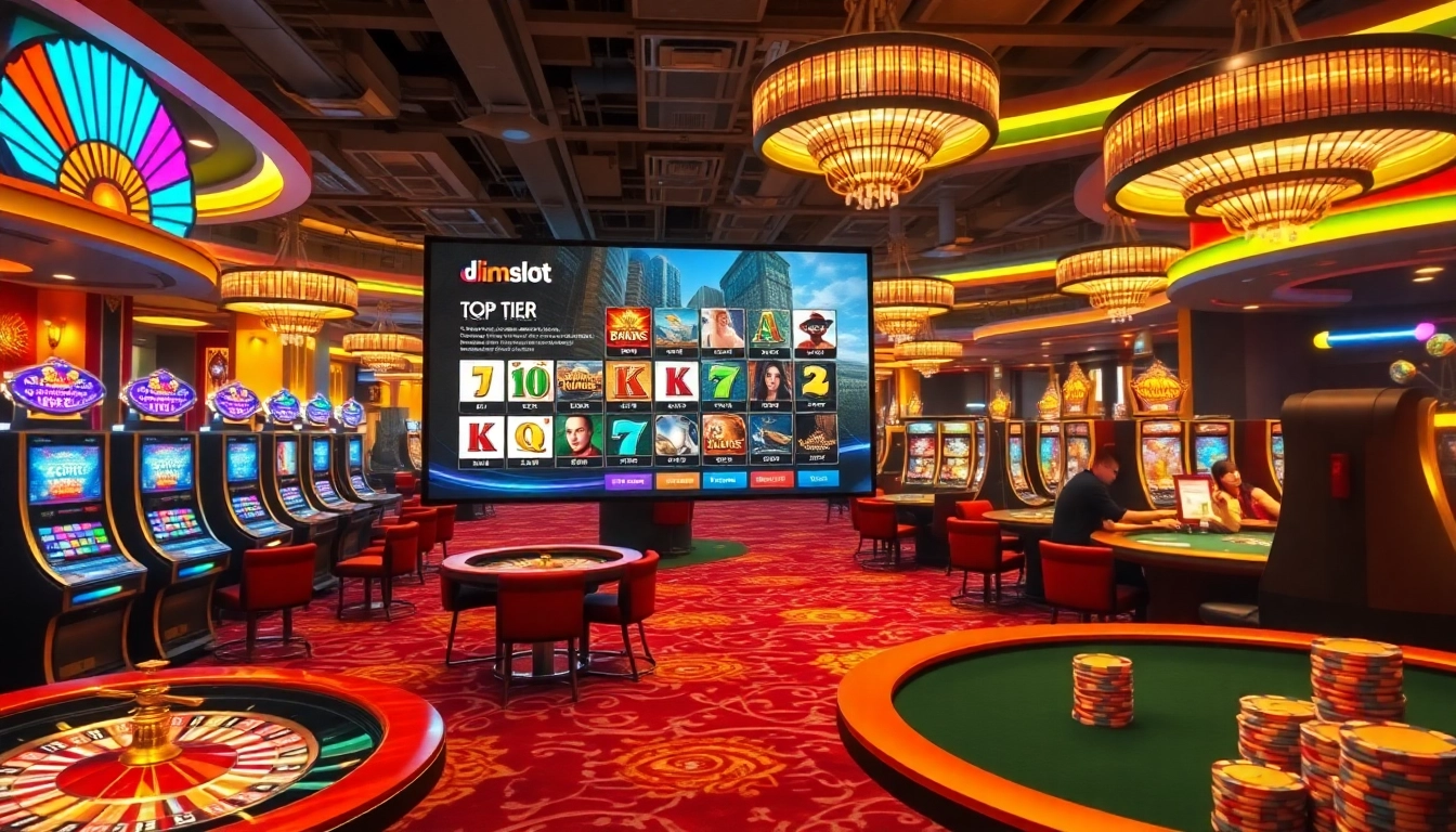 Engaging scene of an idnslot gaming interface within a luxurious casino environment, featuring vibrant slot machines and poker games.