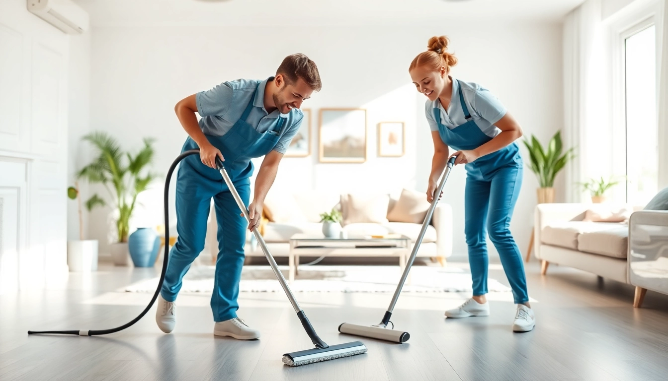 Professional cleaners demonstrating quality cleaning services near me in a bright home.