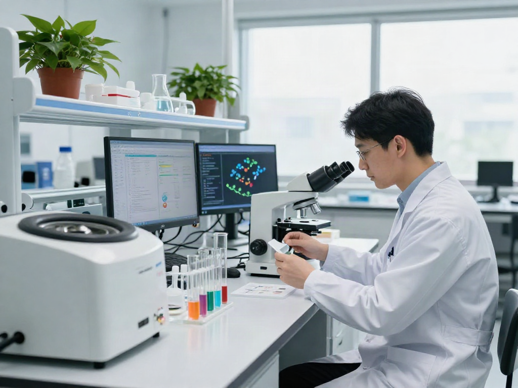 MOTS-C research in a modern lab with scientists analyzing samples and advanced equipment.