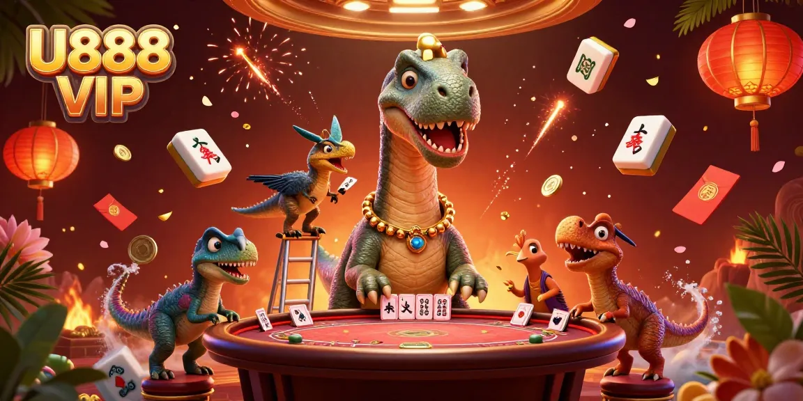 Experience U888 VIP's unique gaming with a colossal brontosaurus overseeing a vibrant poker scene.