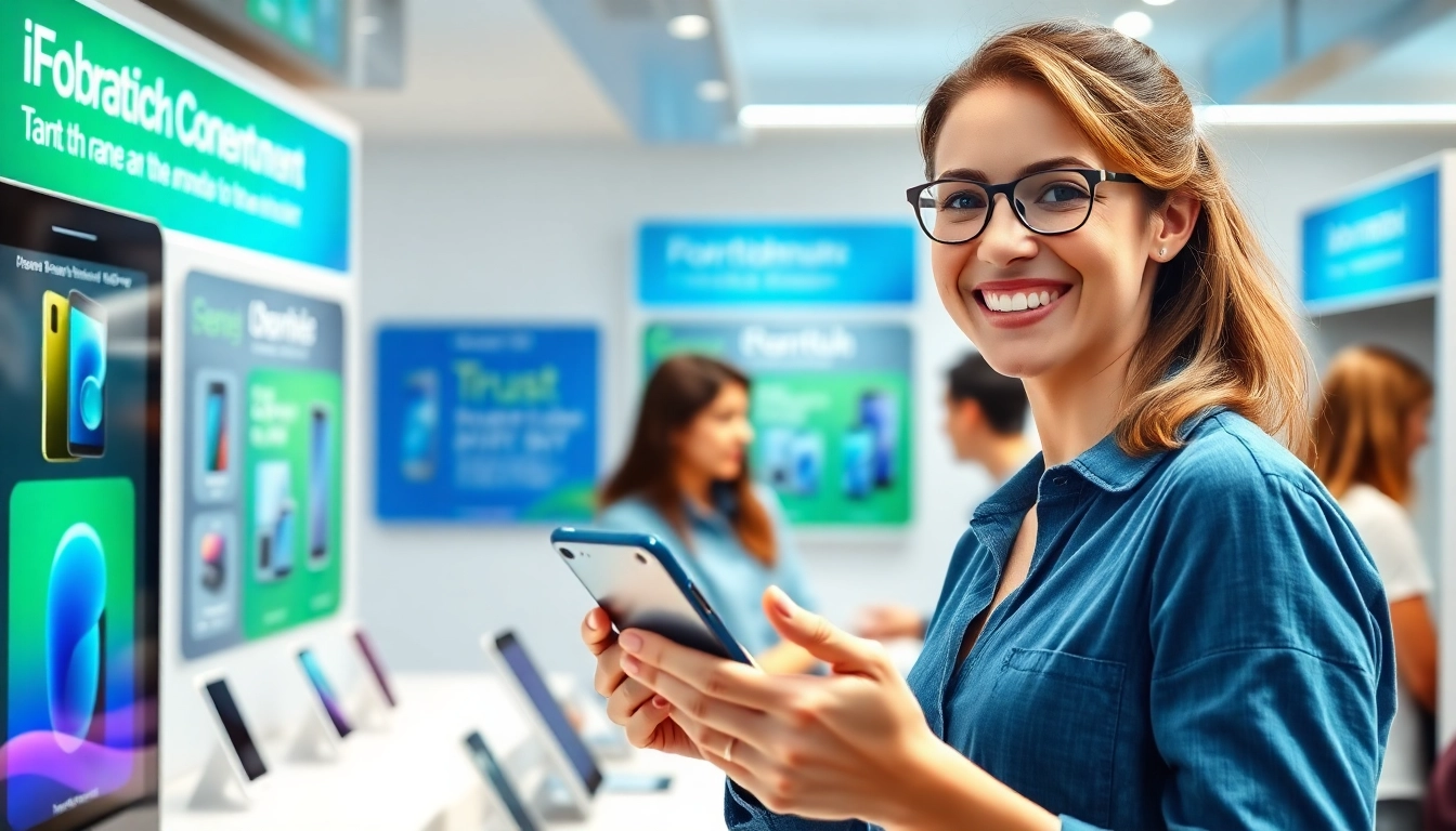 Quick phone buyer happily selling a smartphone at a modern kiosk in bright lighting.