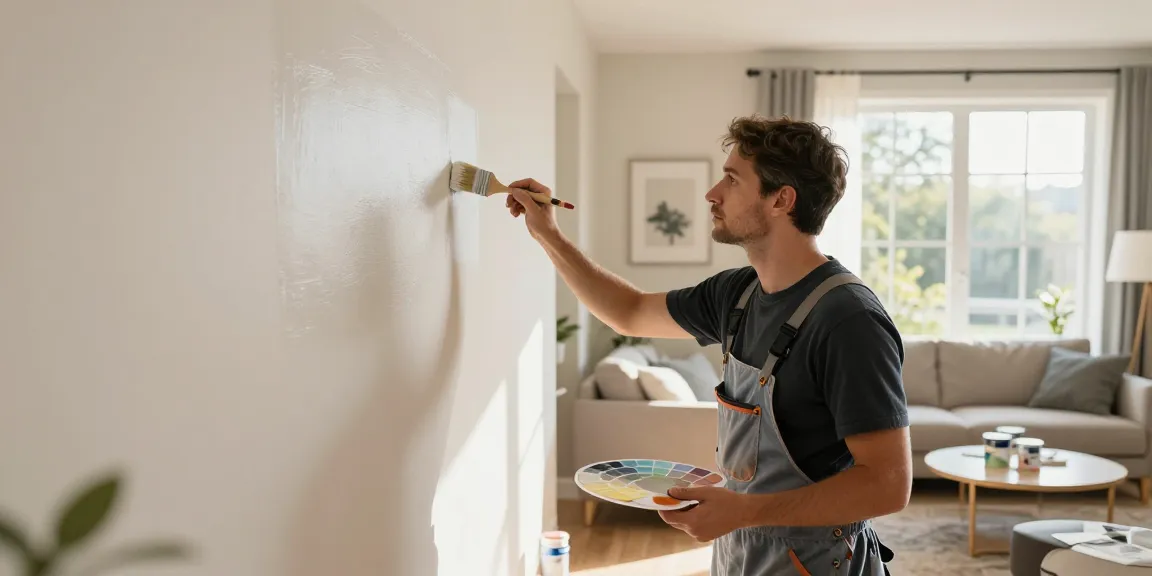 Interior painters Polk County IA applying fresh paint in a cozy residential living room, showcasing professional craftsmanship and vibrant decor.